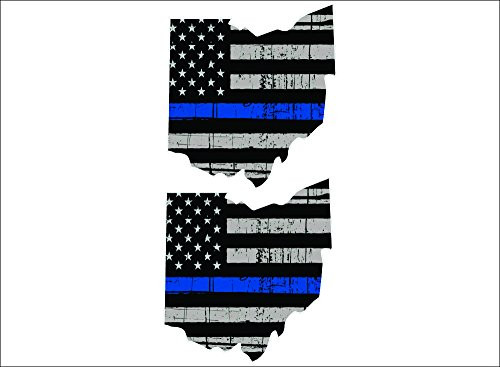 Thin Blue Line Ohio Pair   5 inch Reflective Tattered American Flag Police Support Vinyl Vehicle Graphic Decal Stickers