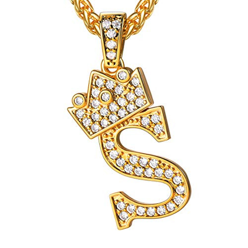 U7 Initial Monogram Necklace for Women Golden Name Jewelry Men Iced Out Hip Hop Gift 18K Gold Plated CZ Crowned Personalized Initial S Necklace with Chain 22 Inch
