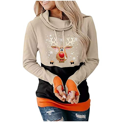 Gorday Women Christmas Printed Sweatshirt Top Color Block Long Sleeve Blouse Pullover Hoodie with Drawstring
