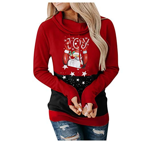 Gorday Women Pullover Sweatshirt Christmas Printed Tops Color Block Long Sleeve Blouse Hoodie with Drawstring