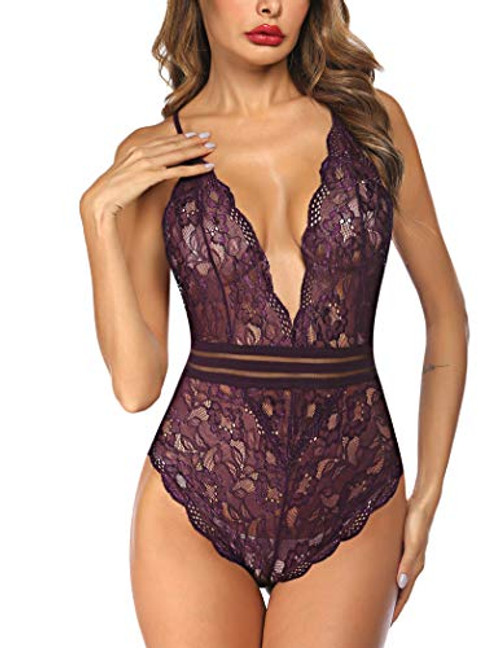 Avidlove Women Teddy Lingerie Snap Crotch Lingerie One Piece Lace Babydoll Mini Bodysuit Purple L