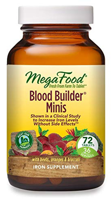MegaFood  Blood Builder Minis  Daily Iron Supplement and Multivitamin  Supports Energy and Red Blood Cell Production Without Nausea or Constipation  Gluten-Free  Vegan  72 Tablets