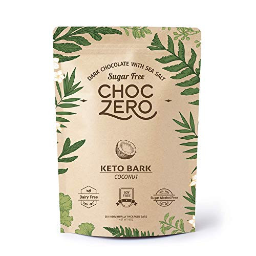 ChocZero s Keto Bark  Dark Chocolate Coconuts with Sea Salt. 100 percent Stone-Ground  Sugar Free  Low Carb. No Sugar Alcohols  No Artificial Sweeteners  All Natural  Non-GMO  6 bars box