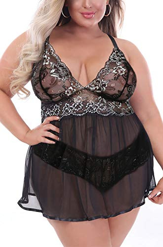 Women Plus Size Lingerie Set Lace Babydoll Sleepwear Nightgown  Black  4XL