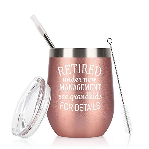 Retirement Gifts for Women  Retired Under New Management See Grandkids for Details Wine Tumbler  Funny Retirement Gifts for Grandma Mom Coworker Teacher Nurse  12 Oz Insulated Stainless Steel Tumbler