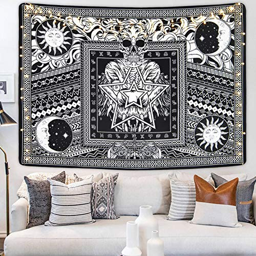 Lyacmy Skull Tapestry Skeleton Tapestry Sun and Moon Tapestry Mystic Tapestry Black and White Tapestry Wall Hanging for Room  59.1 x 82.7 inches