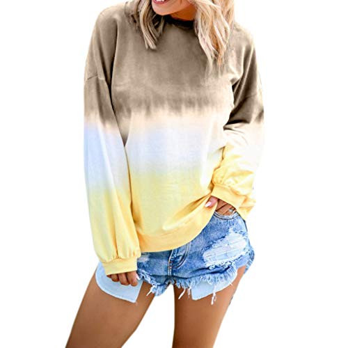 Chanyuhui Womens Casual Crew Neck Long Sleeve Gradient Contrast Color-Block Pullover Blouse Tops T-Shirt Loose Sweatshirts