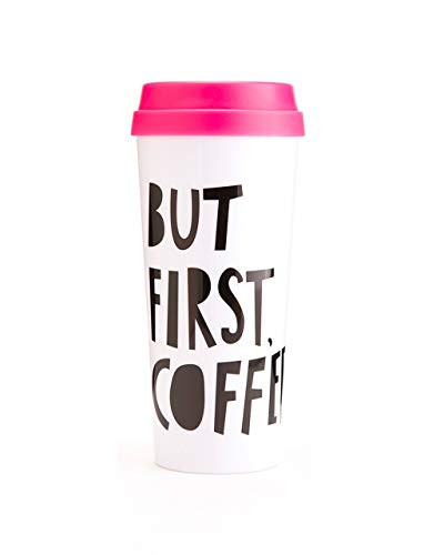Ban.do Hot Stuff Insulated Thermal Travel Mug Tumbler  16 Ounces  But First Coffee  Pink