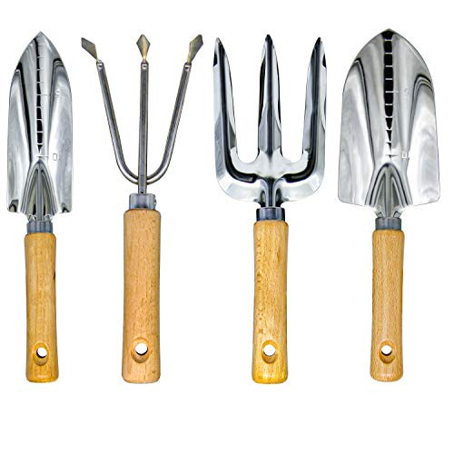 GeToo Garden Tools Set - 4 Piece Heavy Duty Gardening Kit Included Ergonomic Hand Trowel Transplant Trowel  Cultivator Hand Rake and Planting Fork with Wood Handle  Gift for Men Or Women.