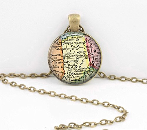 Indiana Map Jewelry Vintage Map pendant necklace key ring travel gift jewelry