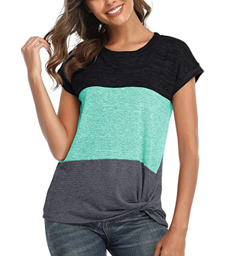 Womens Cute Summer Tops Color Block T-Shirt Casual Blouse Short Sleeve Tee Shirts Plus Size Summer Clothing Green XL