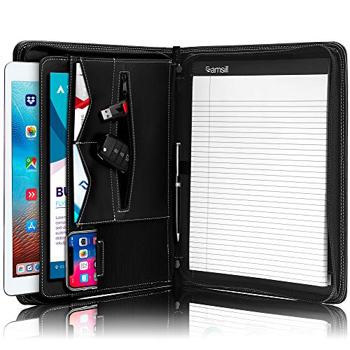 Samsill Zippered portfolio organizer  Business portfolio notebook  Work Document Organizer. Notepad  Tablet iPad  Upto 10.1 inch  Phone  and  Business Cards Holder  Black Professional Padfolio for Women  and  Men