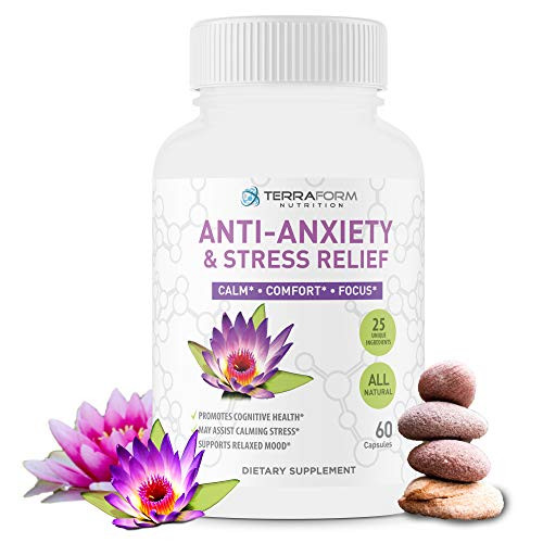 Premium Anxiety and Stress Relief Supplement  Natural Formula Supports a Calm  Positive Mood  Stress Support  Anti-Anxiety  Mental Focus  and  Relaxation  Made in USA  1 Month