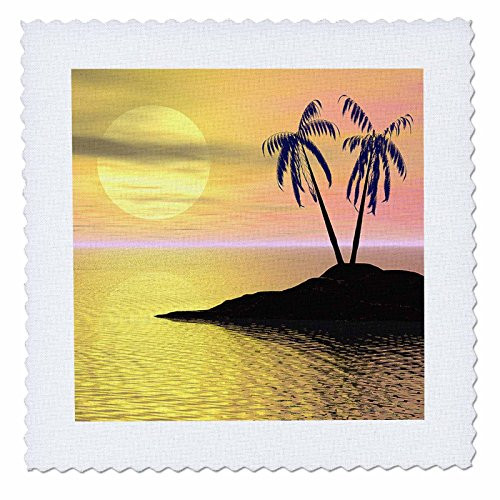 3dRose qs_18169_1 Sunset Palms Palm Trees Silhouette on Tropical Island Against Sunset Backdrop Quilt Square  10 by 10-Inch
