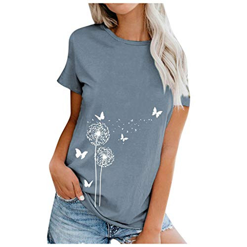 Short Sleeve Graphic Shirts for Women Casual Summer Dandelion Print Crewneck T Shirt Tops Blouse Tee Blue