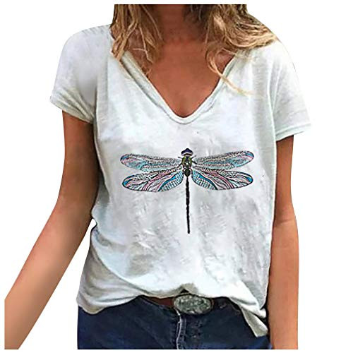 Fesfes Graphic T Shirts for Women Summer Dragonfly Print Loose Casual Tee Shirts Cute Soft Loose V Neck Tops Blouse White