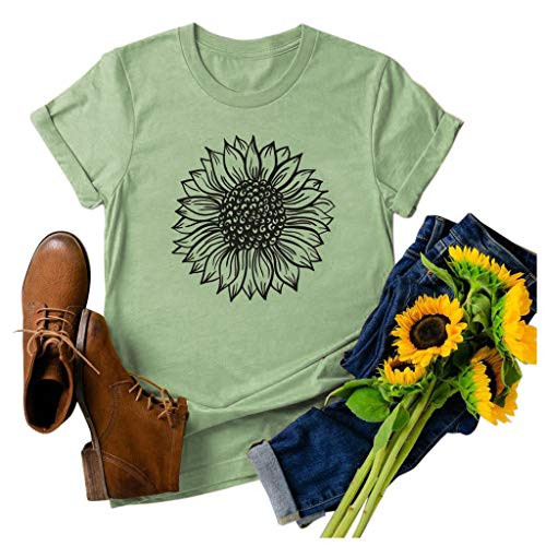 Graphic Tees for Women Sunflower Print Short Sleeve Pullover Crewneck T Shirt Shirts Tops Blouse Green