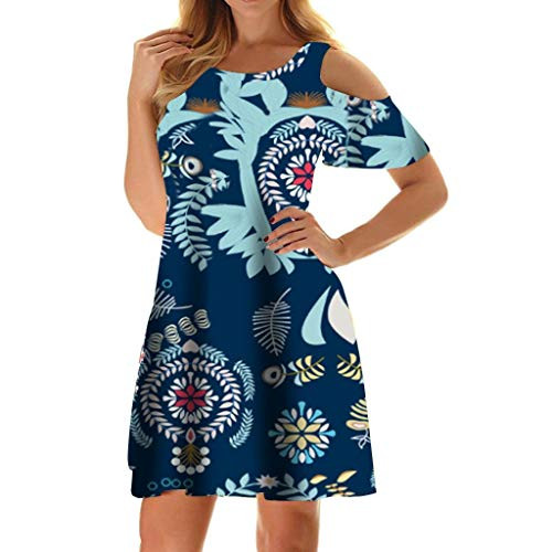 Tanst Sky Boutique Dresses for Women  Natural Color Loose Fitting Dress Soft Crew Neck Short Sleeve Printed Flower Clothing Modish Cold Shoulder Traveling Knee Length Hawaiian Clothes Dark Blue XXL