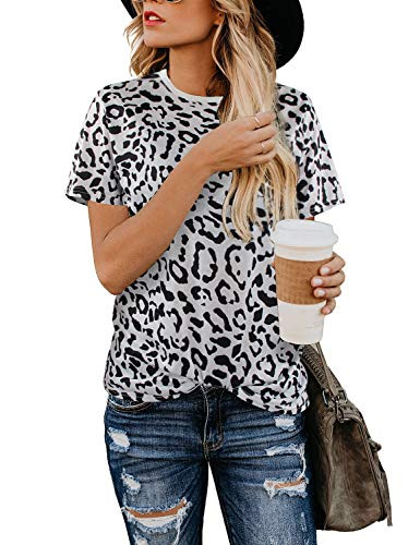 BMJL Women s Casual Cute Shirts Leopard Print Tops Basic Short Sleeve Soft Blouse  Medium  Leopard06