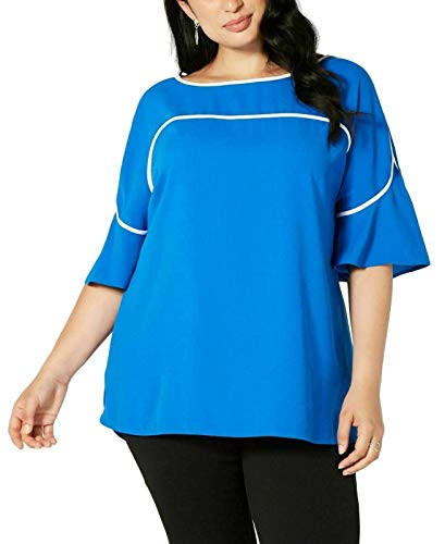 Alfani Womens Plus Piping Hi-Low Blouse Blue 2X