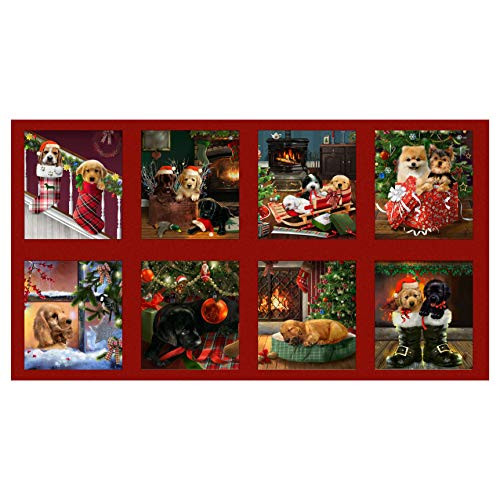 Henry Glass Fireside Pups 24   Puppy Scene Blocks Panel Red Fabric