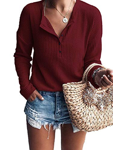 Women Plus Size Tops Long Sleeve Waffle Knit Button up Sweater Blouses Shirt  Wine XL