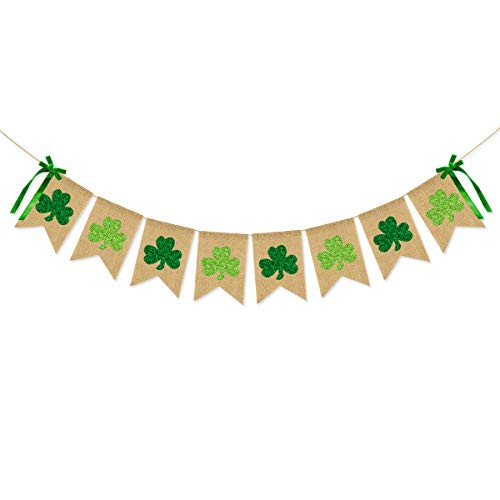 CAVLA Glittery Shamrock Burlap Banner St. Patrick s Day Green Shamrock Clover Banner Garland with Bows St. Patrick s Day Decorations Party Decor for Irish Lucky Day Party Supplies