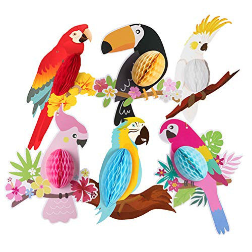 6PCS Tropical Birds Hanging Parrot Paper Honeycomb Decorations Hawaiian Colorful Birds Summer Tiki Bar Luau Party Supplies for Birthday Decorations Home Classroom Hanging Decor