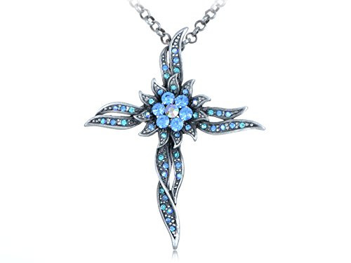 Alilang Silvery Tone Shinely Crystal Rhinestones Cross Sun Flower Pendant Necklace Blue Alilang Silvery Tone Shinely Crystal Rhinestones Cross Sun Flower Pendant Necklace Blue