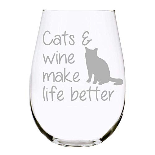 C M Cats  and  wine make life better stemless wine glass
