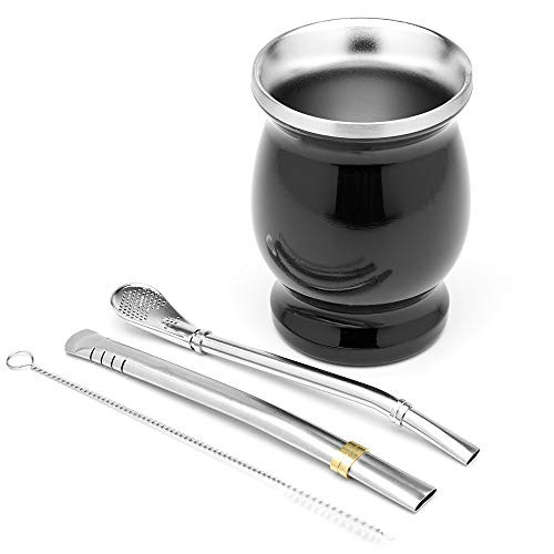 Balibetov Mate Cup And Bombilla Set - Yerba Mate set Includes One Yerba Mate Cup  Two Bombilla Mate  Straw  and Brush - Stainless Steel Double-Wall   Easy to Clean Yerba Mate Gourd  Black