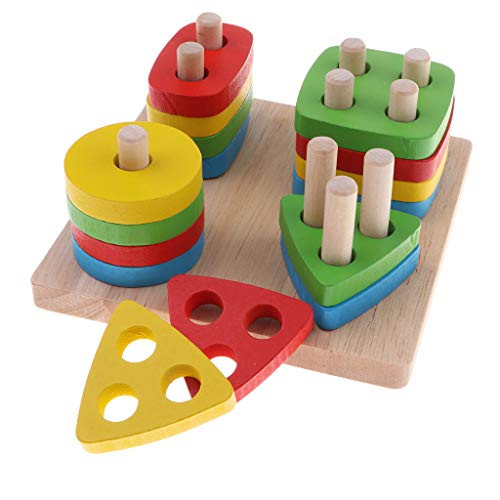 koolsoo Wood Geometry Block Stack Pegging Game Colors and Shapes Sorting Game Montessori