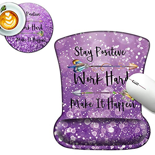 Ergonomic Gaming Mouse Pad with Wrist Support Gel  Stay Positive Work Hard Make It Happen Computer Mouse Pad for Laptop w Quote  Gel Mouse Pad with Wrist Rest  Mouse Pad Wrist Support-Purple Glitter