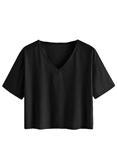 Romwe Women s Plus Size Casual Summer Short Sleeve V Neck Crop Tee Shirts Tops Black 1 Plus