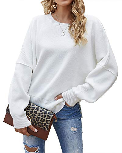 Jacansi Women s Casual Crew Neck Pullover Sweater Side Split Loose Long Sleeve Knit Sweaters Jumper Tops  White  Medium