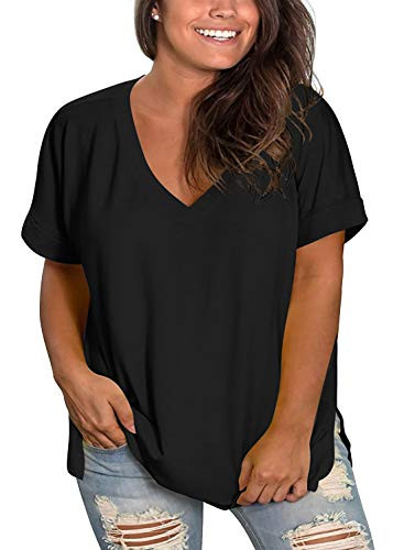 SWQZVT Women s Plus Size Tops Short Sleeve T Shirts V Neck Basic Tee Blouse Tunic Black 18W