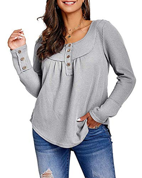 Womens Plus Size Waffle Knit Tunic Tops Long Sleeve Button Up Henley Shirts Casual Pleated Blouses Grey Womens Plus Size Waffle Knit Tunic Tops Long Sleeve Button Up Henley Shirts Casual Pleated Blouses Grey