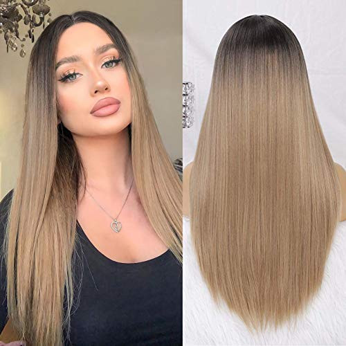 Ombre Blonde Wig Long Straight Wigs for Women Middle Part Synthetic Wig Heat Resistant Wigs for Cosplay Daily Party Use