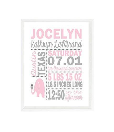 Birth Stat Wall Art  Elephant Nursery  Owl Art  Baby Girl Nursery  Pink Gray  Personalized Birth Stats  Baby Girl Gift  Birth Announcement