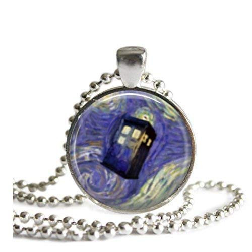 Doctor Who TARDIS Van Gogh Starry Night 1 inch Silver Plated Pendant Necklace Doctor Who TARDIS Van Gogh Starry Night 1 inch Silver Plated Pendant Necklace