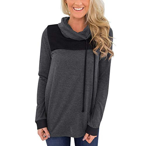 POTO Women s Long Sleeve Tunic Tops Comfy Color Block Tunics Turtleneck Blouses Drawstring Casual Loose T Shirt Gray