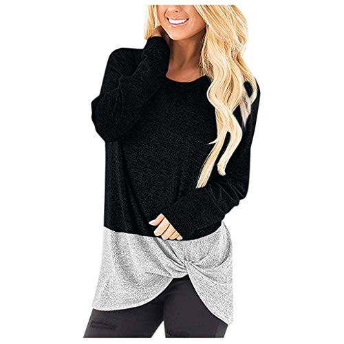 POTO Womens Casual Tunic Tops Color Block Pullover Sweatshirts Long Sleeve Knot Front Crewneck Blouse Shirts Plus Size