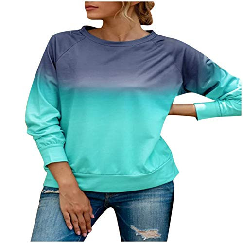POTO Shirts for Women Long Sleeve Gradient Color Block Tunic Tops Casual Loose T Shirt Crewneck Comfy Blouse Tunics Blue