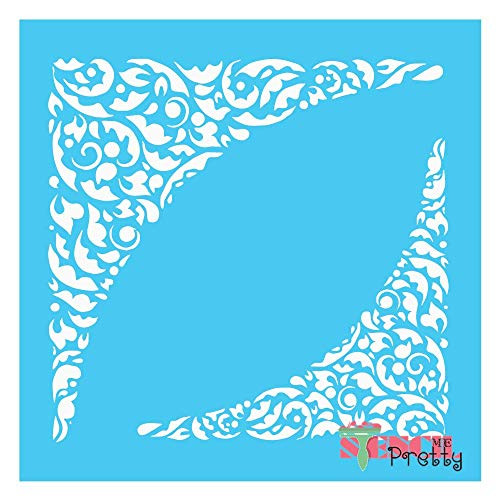 Classic Victorian Corner Flourishes Stencil Best Vinyl Large Stencils for Painting on Wood  Canvas  Wall  etc.-XS  8 inch x 8 inch   Brilliant Blue Color Material