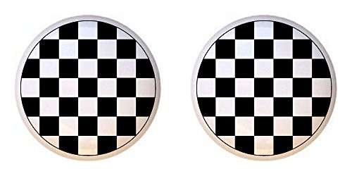 SET OF 2 KNOBS - Black and White Checkered Checkers - Racing Race Cars - DECORATIVE Glossy CERAMIC Cupboard Cabinet PULLS Dresser Drawer KNOBS