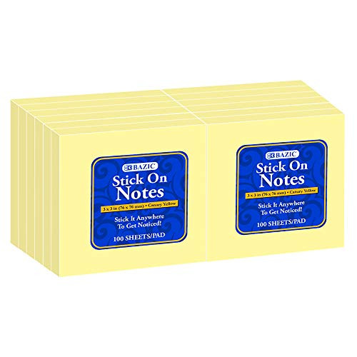 BAZIC 3 inch X 3 inch Yellow Stick On Notes  Bright Colors Sticky Note Self-Stick Notes Sticking Paper  Post Stickies Colorful Memo Pads  Clean Removal Recyclable  1200 Sheets Pack   1-Pack