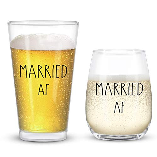 Married AF Wine Glass and Married AF Beer Glass  Wine Glass and Beer Glass Gift Set for Couples  Newlyweds  Mr Mrs  Husband Wife - Gift Idea forValentine s Day  Birthday  Wedding  Anniversary