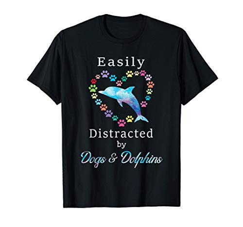 Easily Distracted By Dogs  and  Dolphins Watercolor Paw Dog Mom T-Shirt