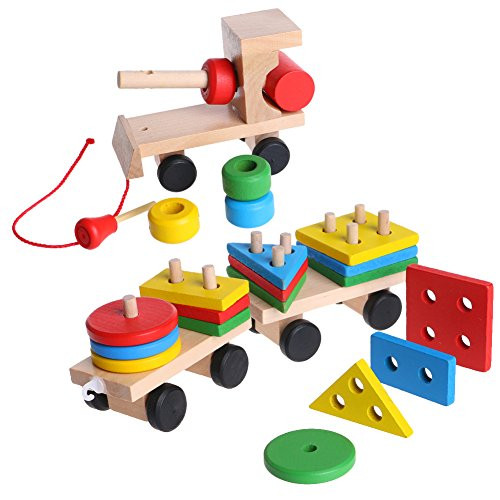 7haofang Kids Baby Developmental Toys Wooden Train Truck Geometric Blocks Educational Toy