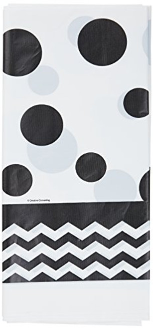 Creative Converting 720060 Chevron & Polka Dots Celebrations Plastic Tablecover, 54 by 108", Black Velvet